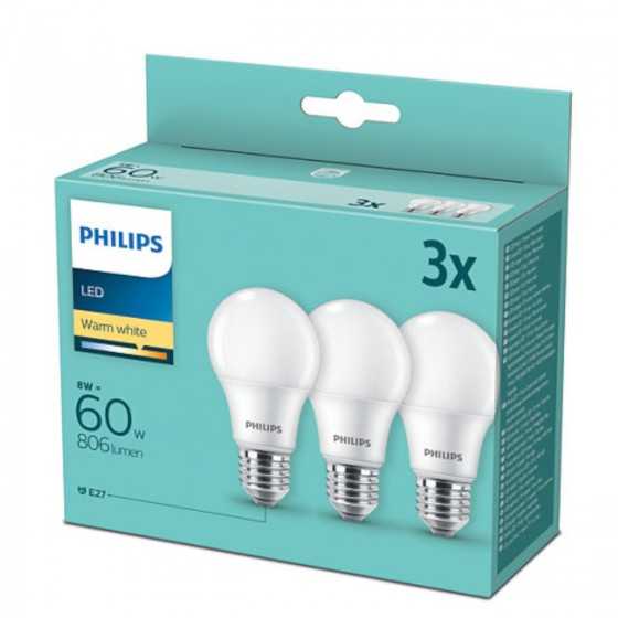 Set 3 becuri LED Philips 8W / 60W E27 806Lm 2700K