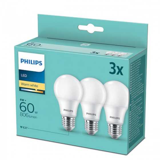 Set 3 becuri LED Philips 8W(60W) E27  806 lm 2700K Mat