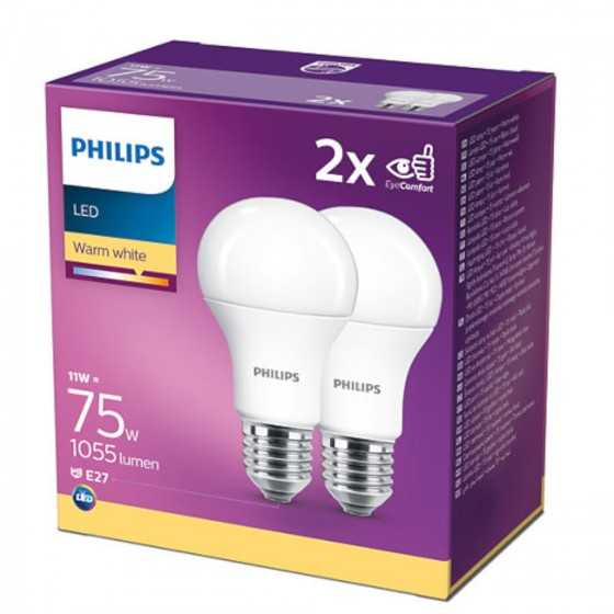 Set 2 becuri LED Philips 11W(75W) E27 A60 1055 lm 2700K Mat
