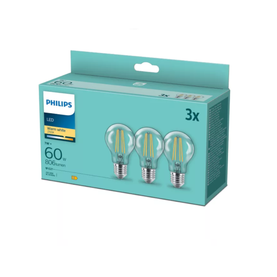 Set 3 becuri Filament LED Philips 7W / 60W E27 806Lm 2700K