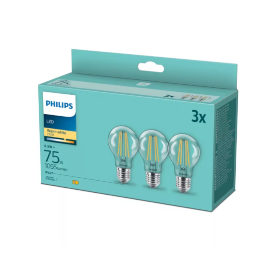 Set 3 becuri Filament LED Philips 10W / 75W E27 1055Lm 2700K