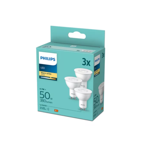 Set 3 becuri LED Philips 4.7W / 50W GU10 380Lm 2700K 36D