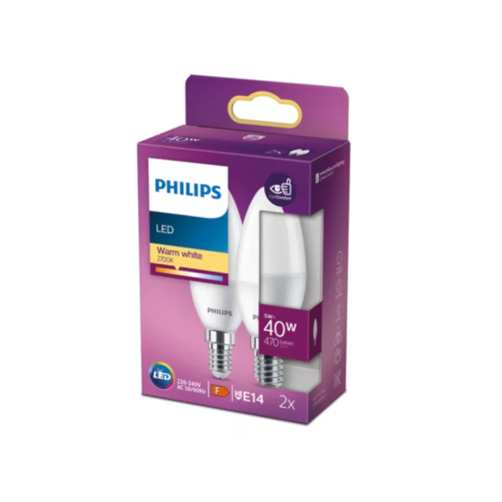 Set 2 becuri LED Candle Philips 4.9W / 40W E14 B35 470Lm 2700K