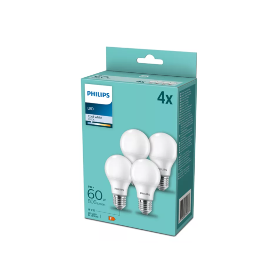 Set 4 becuri LED Philips 8W / 60W E27 A60 806Lm 4000K