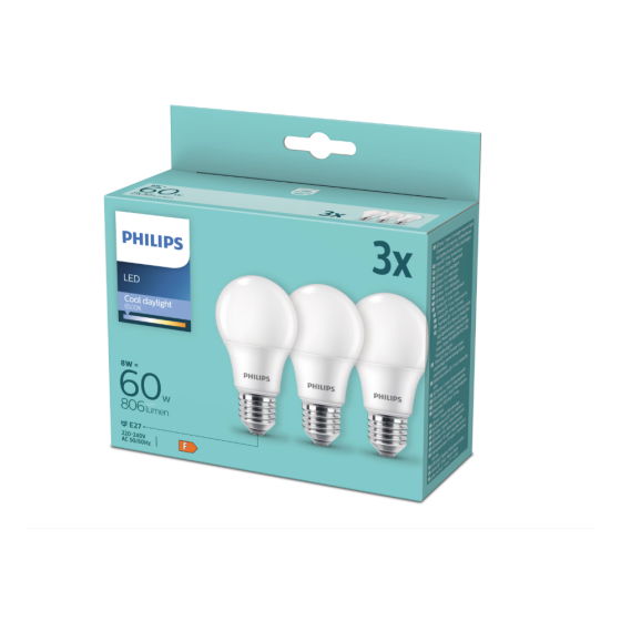 Set 3 becuri LED Philips 8W / 60W E27 806Lm 6500K
